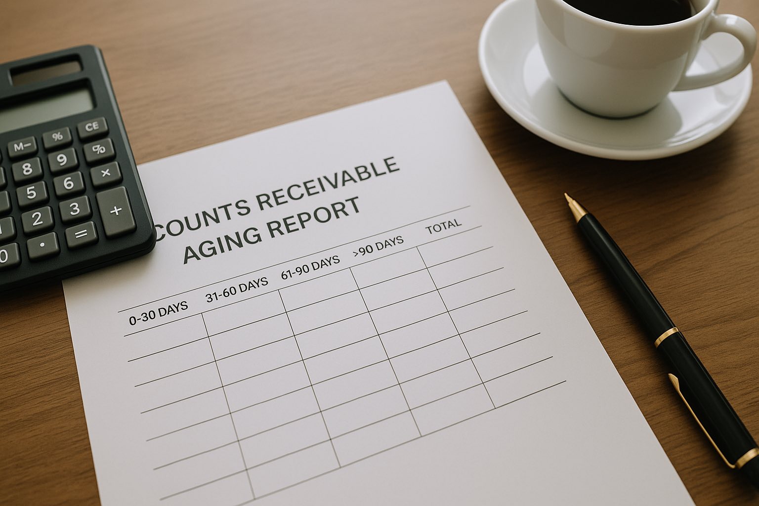 Printed accounts receivable aging report on a wooden desk with a calculator and pen