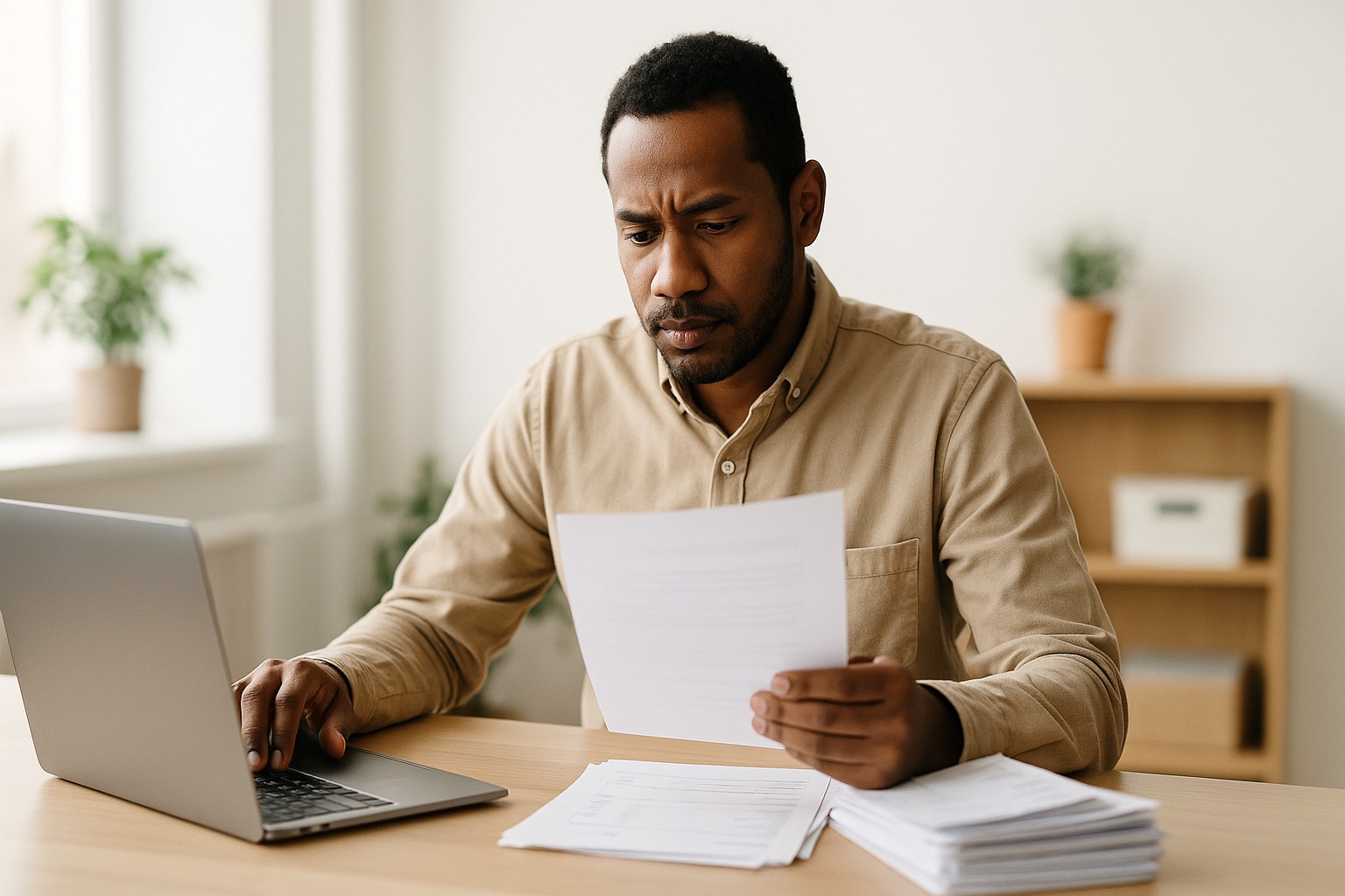 Business owner reviewing a financing term sheet at a desk with a laptop and a stack of invoices