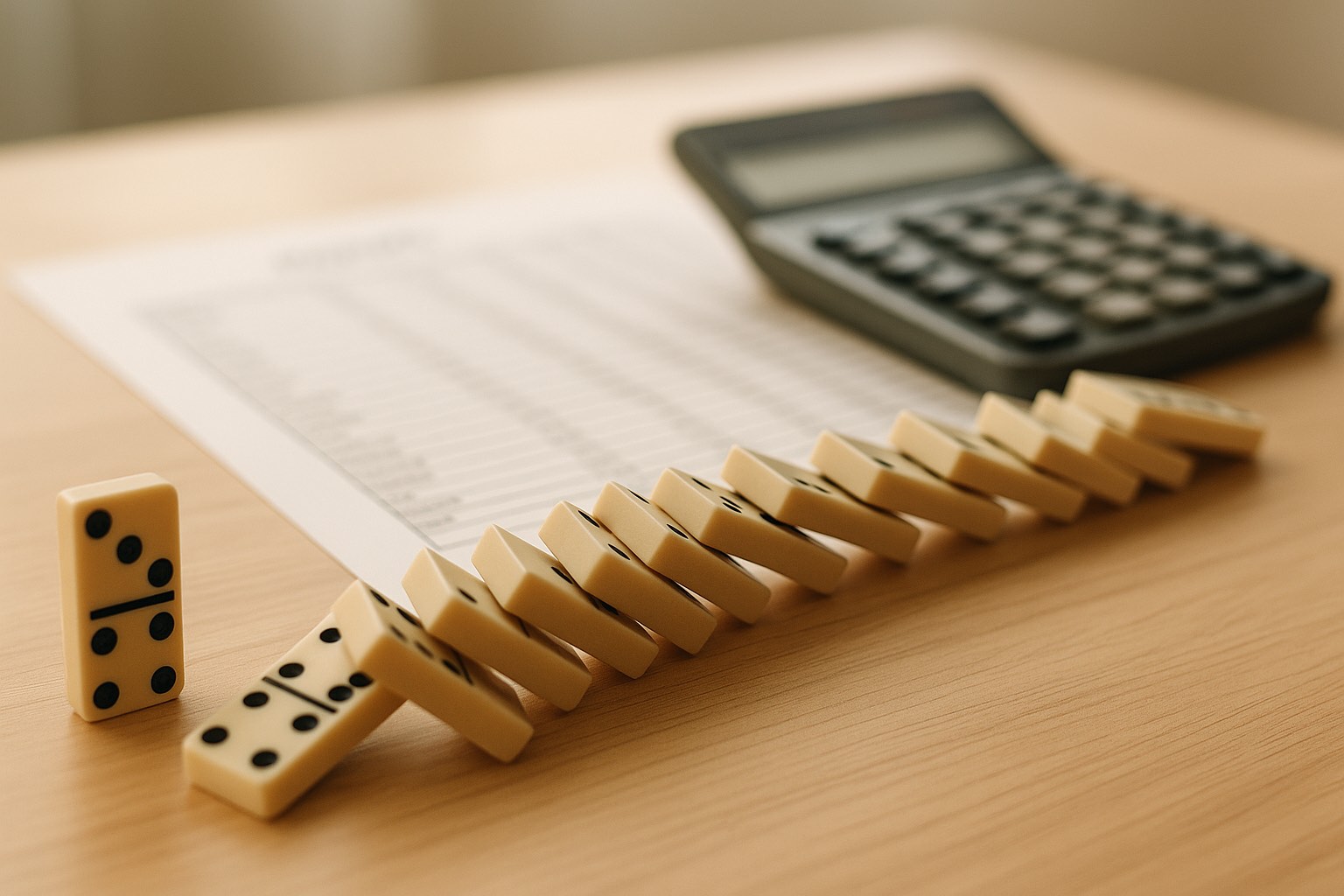 Row of dominoes mid-fall on a clean desk with a payroll spreadsheet visible in the background