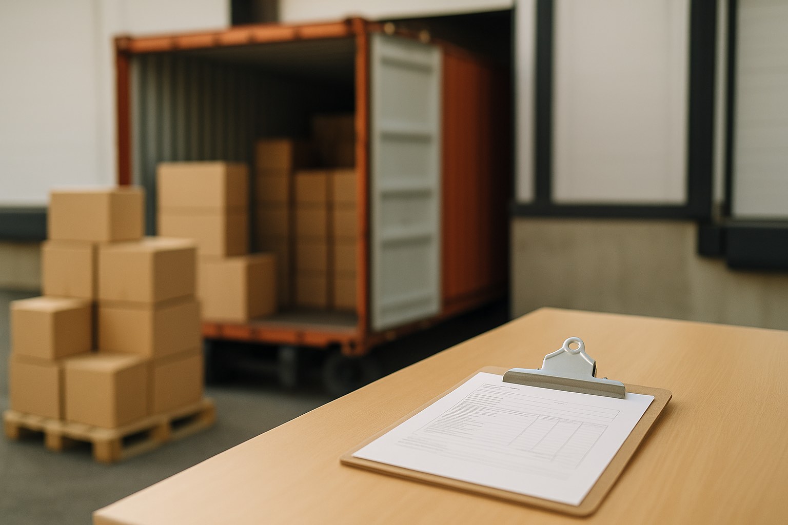 Cargo shipping container at a warehouse loading dock with stacked boxes and a clipboard with a purchase order