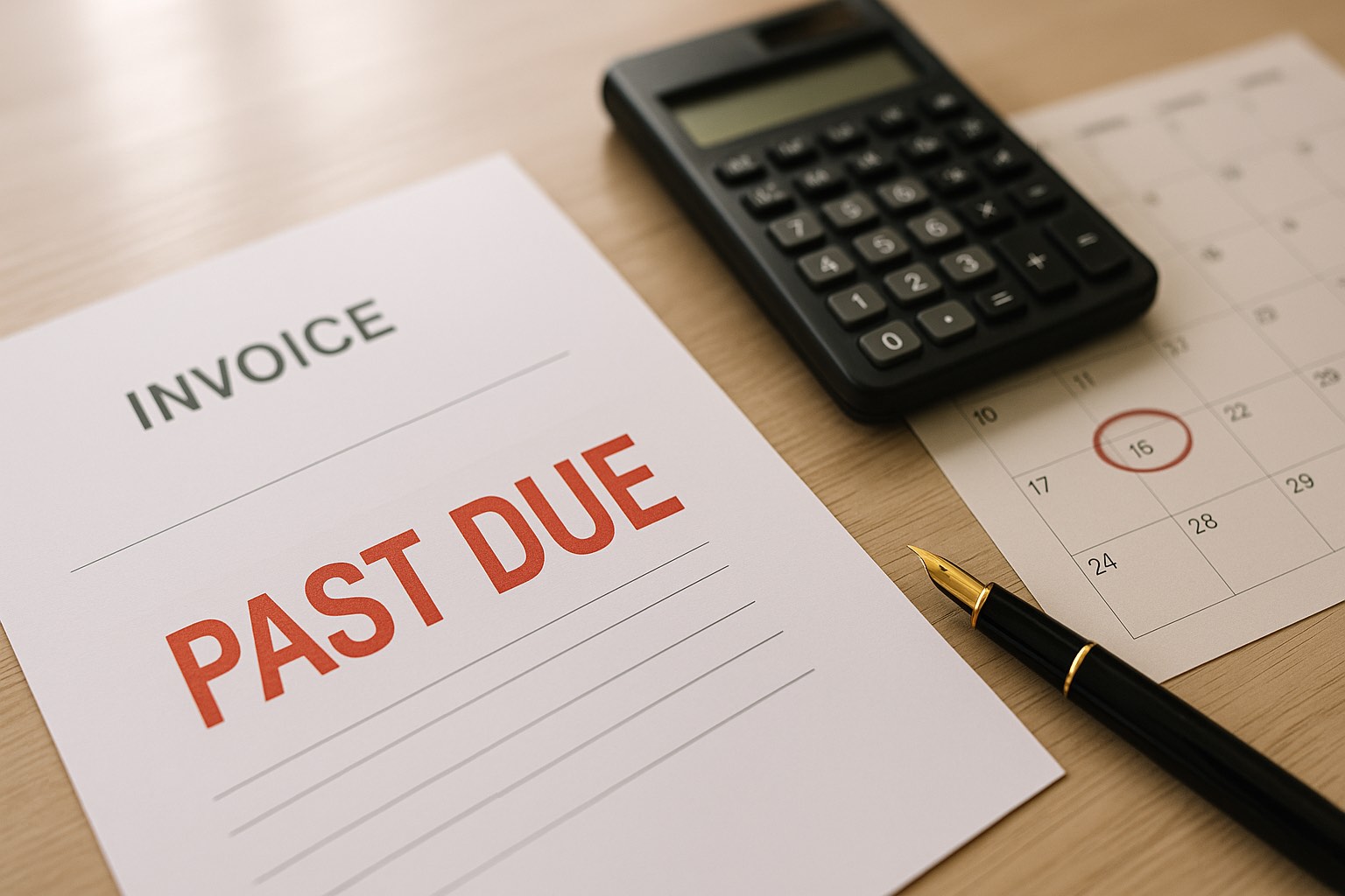 B2B invoice marked PAST DUE on a desk next to a calendar showing a circled date and a calculator