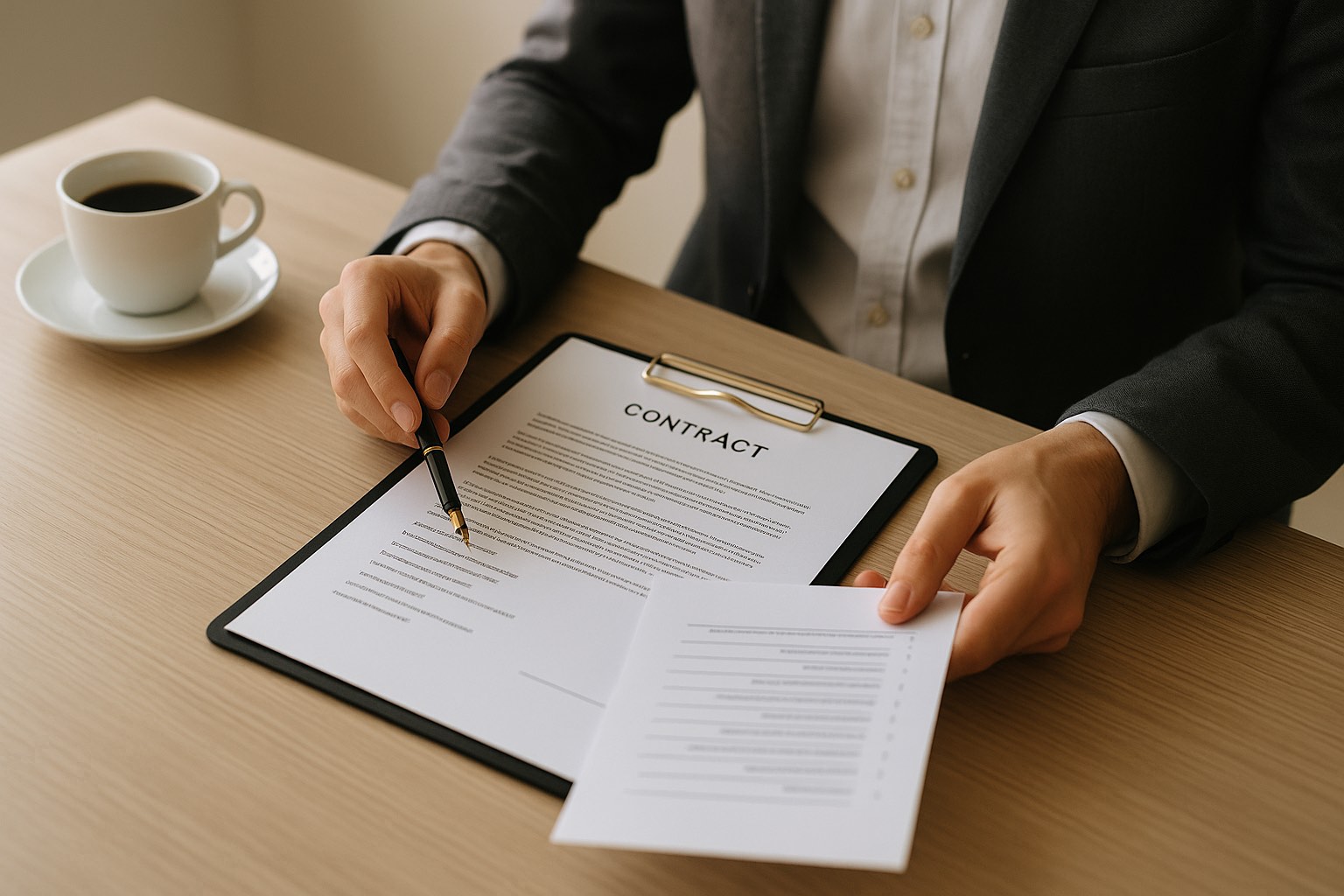 Business owner reviewing a contract document with a fountain pen and a printed list of questions on a clean desk
