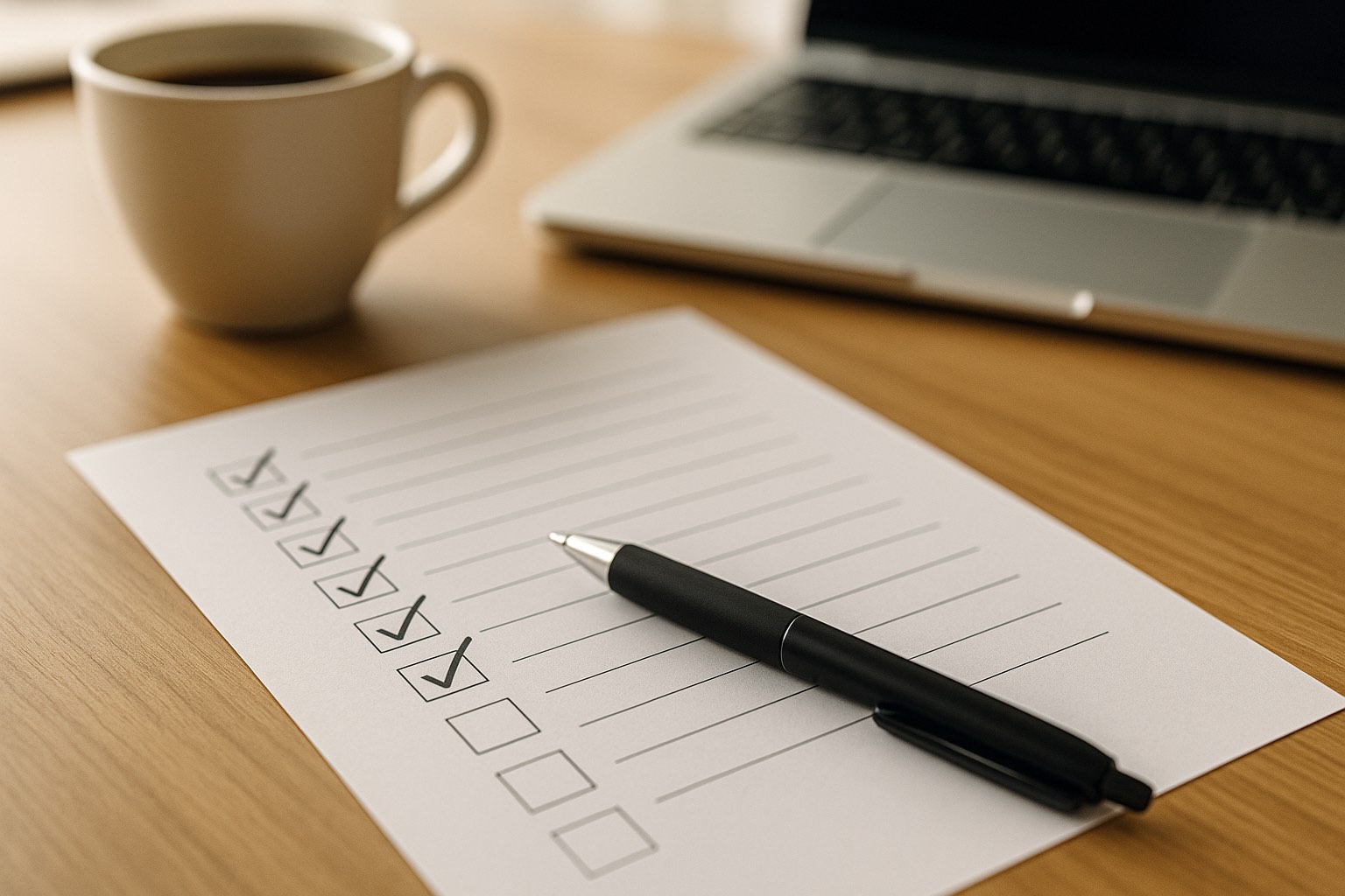 Printed checklist on a desk with several items checked off and a pen resting on the page
