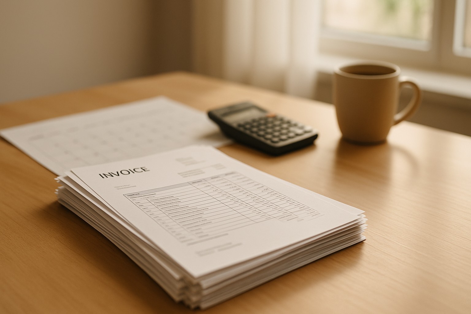 Stack of supplier invoices on a desk with a calendar, a calculator, and a coffee cup