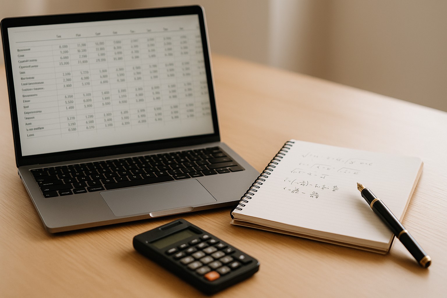Laptop showing a financial spreadsheet next to handwritten formulas in a notebook and a calculator