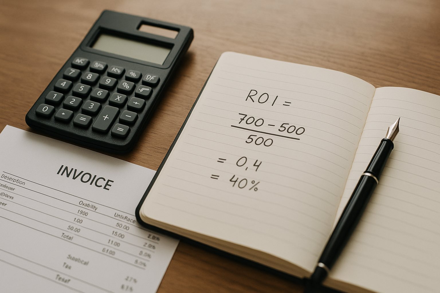 Calculator and a printed invoice on a desk with a notebook showing handwritten ROI calculations