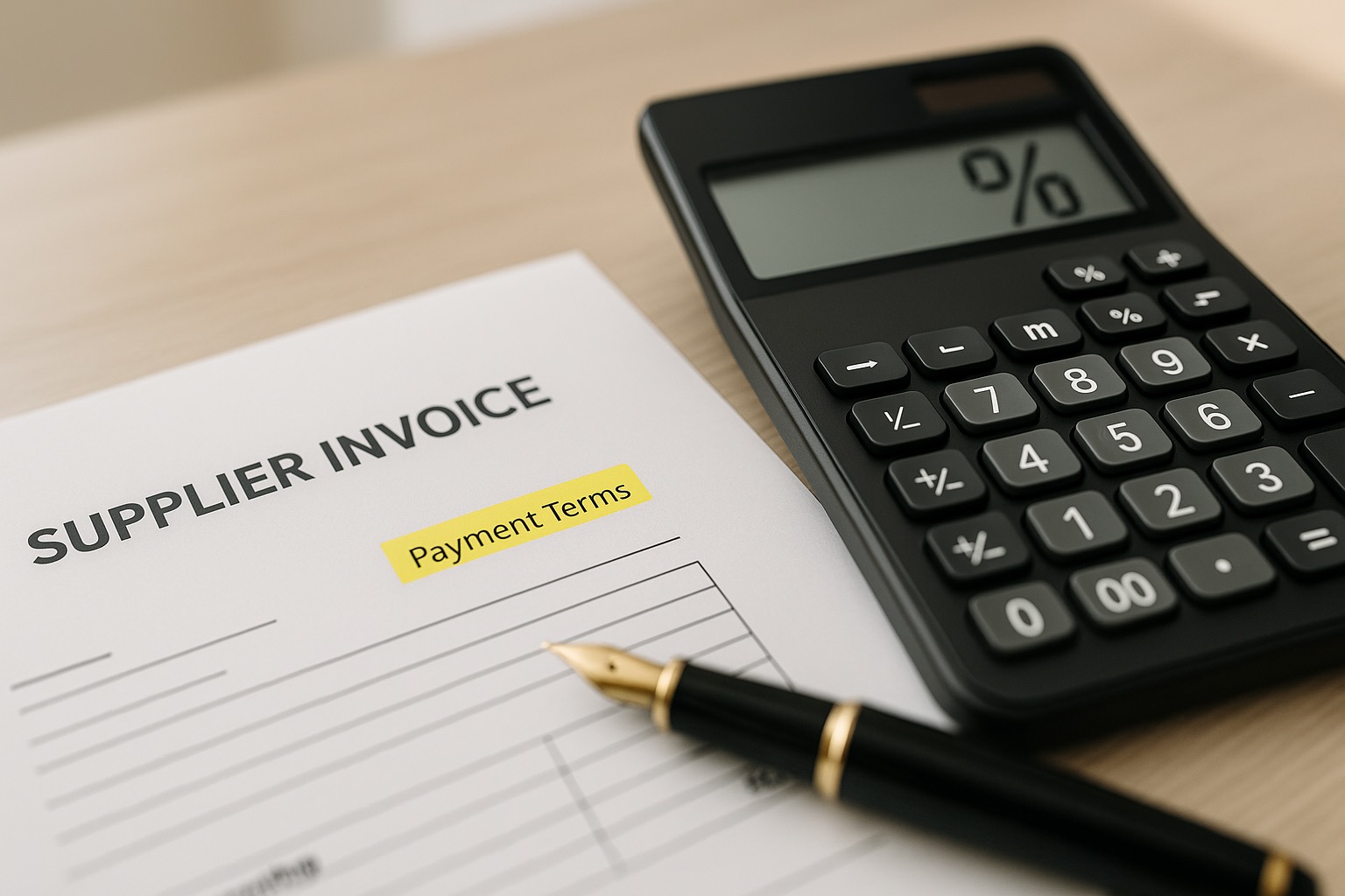 Supplier invoice with payment terms highlighted, a calculator showing a percentage, and a fountain pen