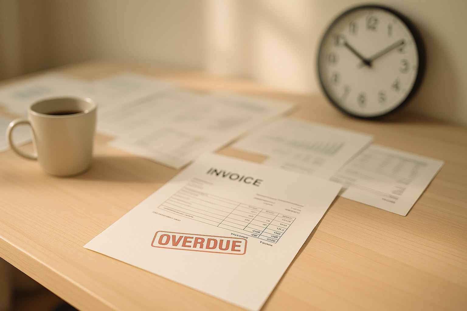 Single overdue invoice on a desk next to a wall clock and scattered financial papers