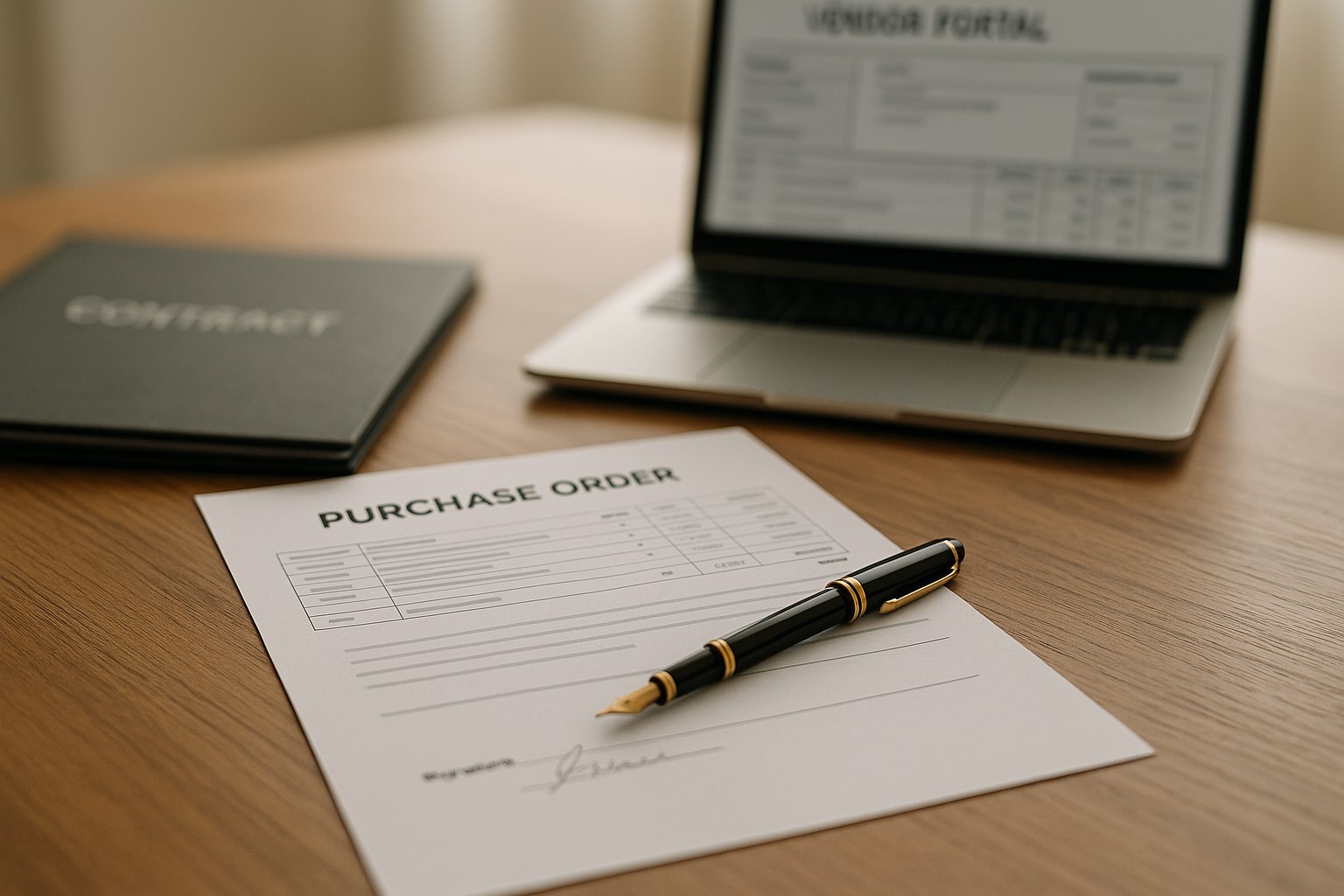Signed purchase order document on a desk with a fountain pen, a contract folder, and a laptop