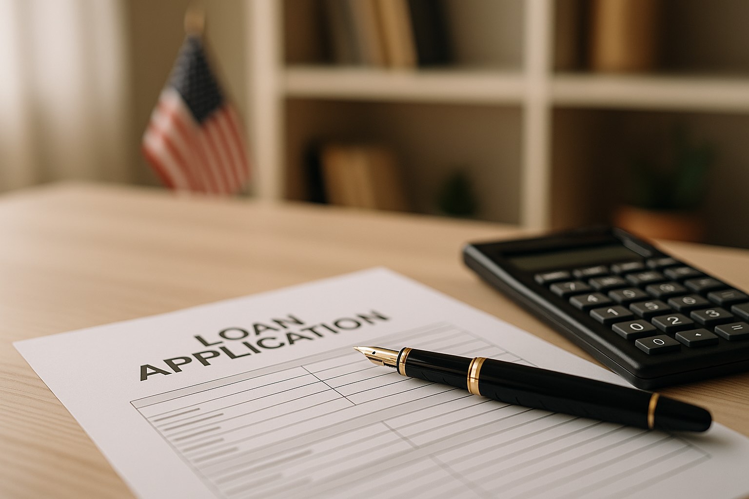 Printed loan application on a desk with a fountain pen and a calculator