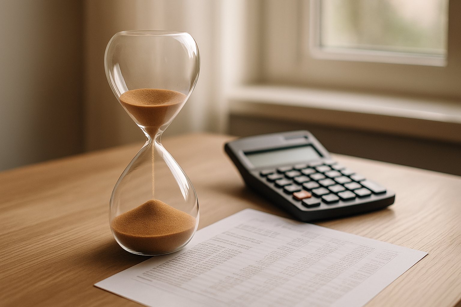 Hourglass on a desk with a calculator and a printed bank statement, soft daylight