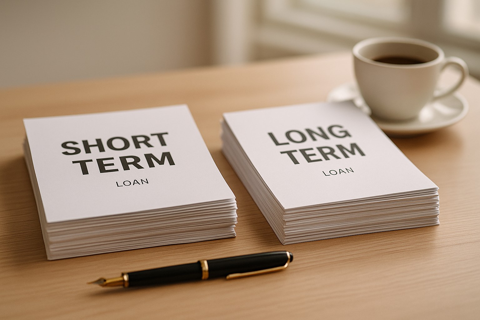 Two stacks of loan documents on a desk labeled SHORT TERM and LONG TERM with a fountain pen