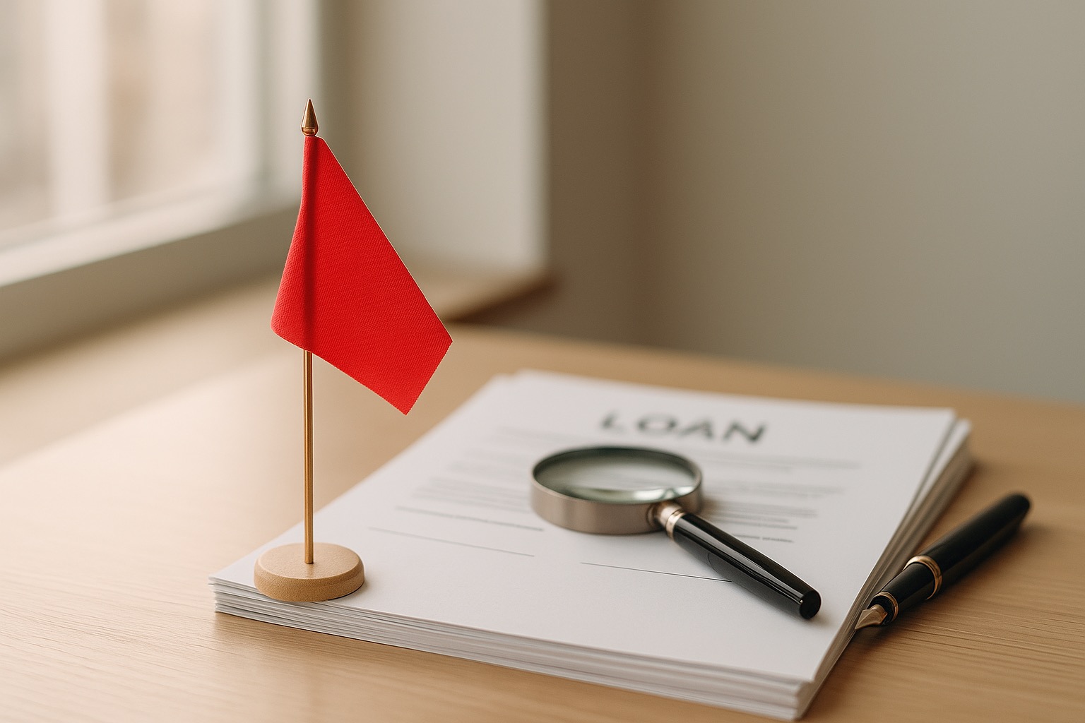 Red warning flag on a desk next to a stack of loan documents and a magnifying glass