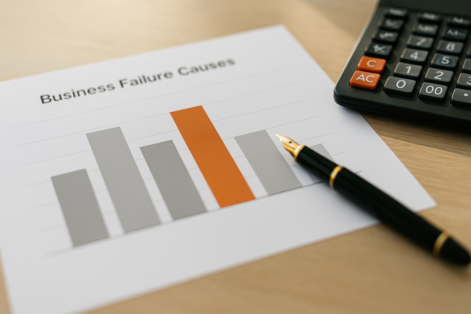 Bar chart showing business failure causes printed on a desk with cash flow highlighted