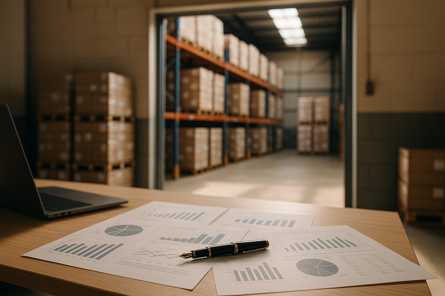 Warehouse with stacked inventory pallets visible through an open door and financial documents on a desk