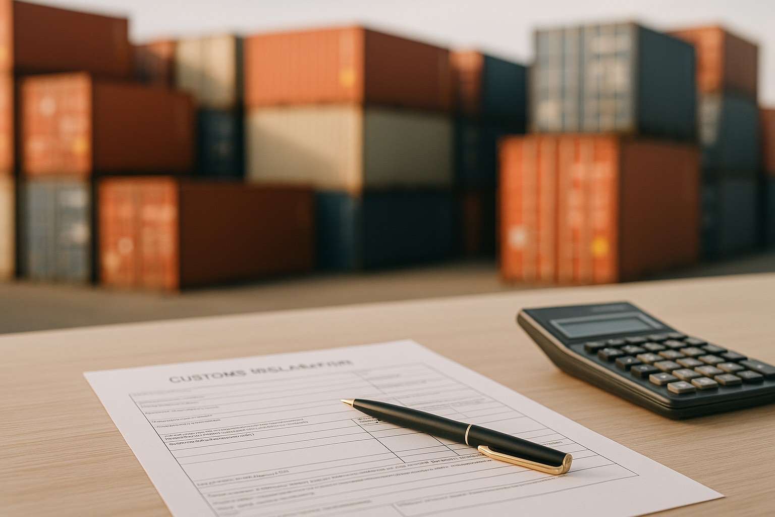 Shipping container yard with stacked containers and a printed customs declaration on a desk