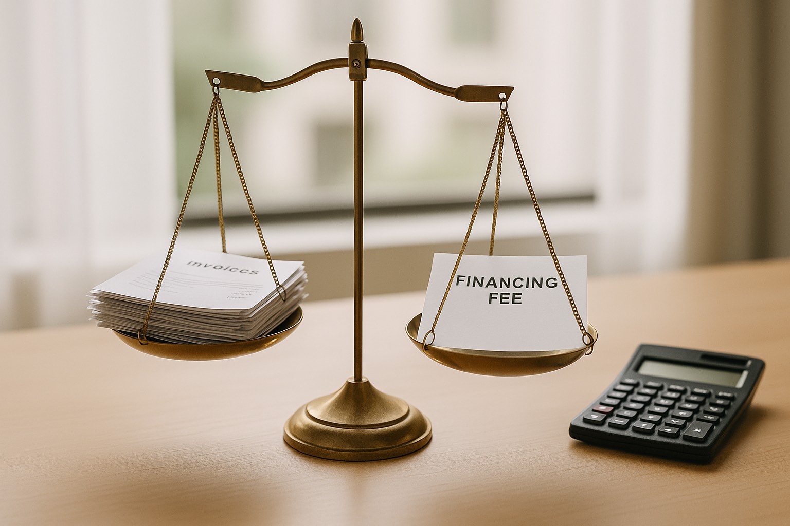 Balance scale on a desk with a stack of invoices on one side and a financing fee document on the other