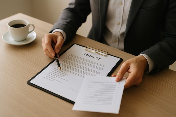 Business owner reviewing a contract document with a fountain pen and a printed list of questions on a clean desk