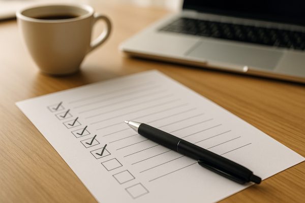 Printed checklist on a desk with several items checked off and a pen resting on the page